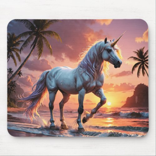 Unicorn on Tropical Beach at Sunset Mouse Pad