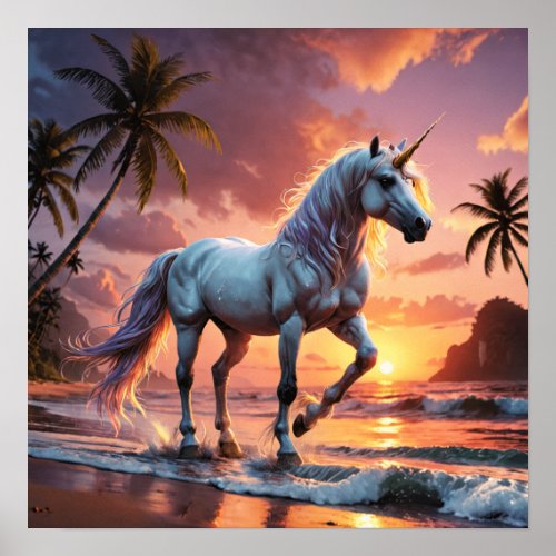 Unicorn on Tropical Beach at Sunset Poster