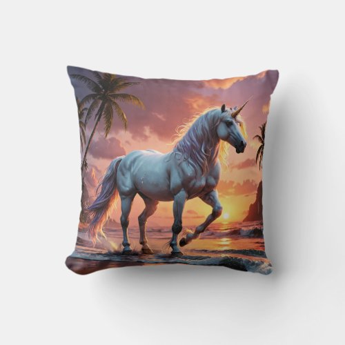 Unicorn on Tropical Beach at Sunset Throw Pillow