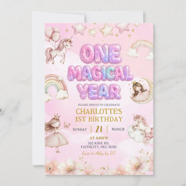 Unicorn One Magical year First Birthday Invitation (Front)