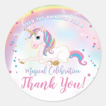Unicorn Over The Rainbow Birthday Thank You Favor Classic Round Sticker by YourMainEvent at Zazzle