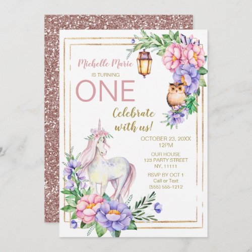 Unicorn Owl Watercolor Floral Pink Glitter Invitation