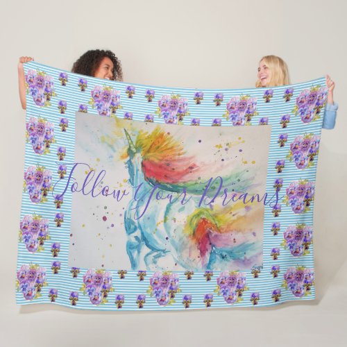 Unicorn Painting Dreams Blue Floral Fleece Blanket