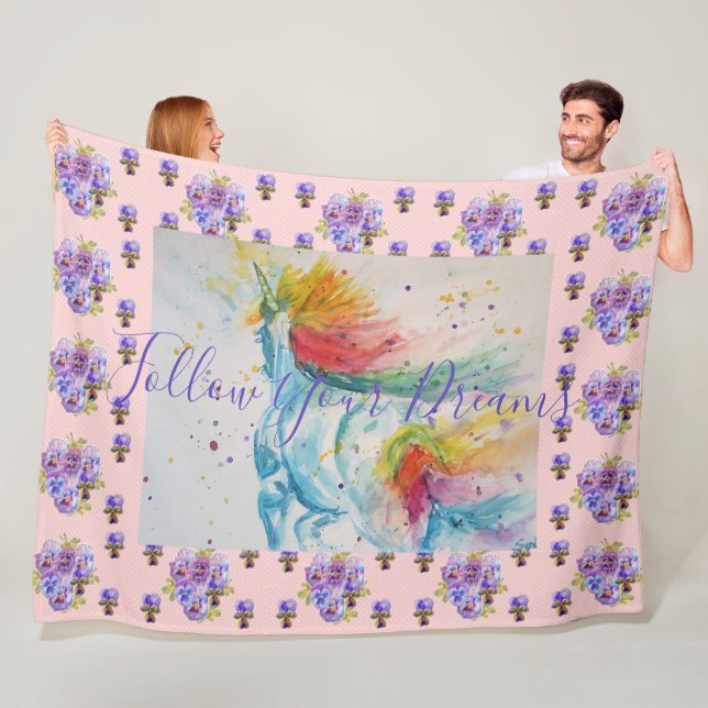 Unicorn Painting Dreams Pink Floral Fleece Blanket (In Situ)