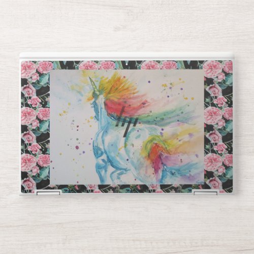 Unicorn Painting Floral Vintage Cabbage Pink Roses HP Laptop Skin