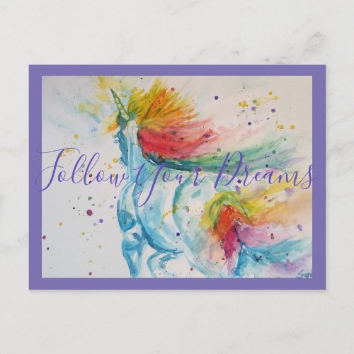 Unicorn Painting Follow Your Dreams Watercolor Postcard