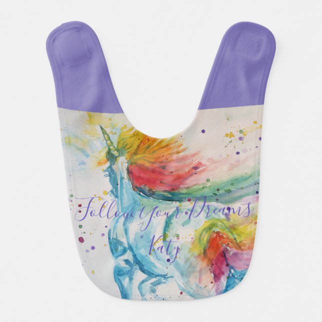 Unicorn Painting Follow Your Dreams Watercolour Baby Bib (Front)