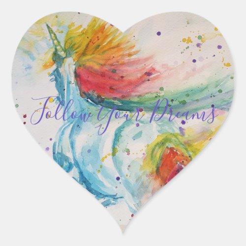 Unicorn Painting Follow Your Dreams Watercolour Heart Sticker