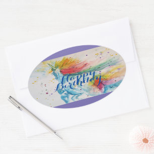 Unicorn Painting Happy Birthday Watercolour Art Oval Sticker
