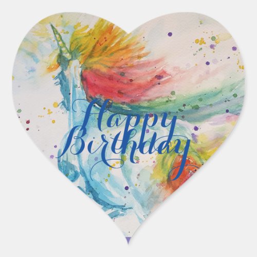 Unicorn Painting Happy Birthday Watercolour Art Sq Heart Sticker