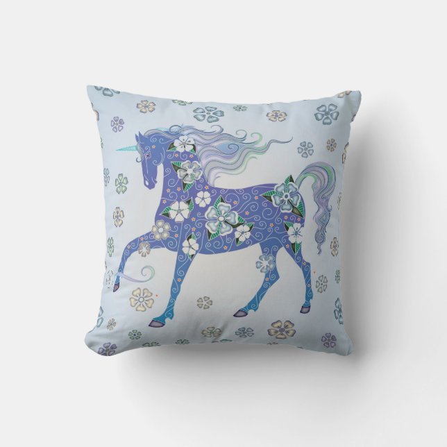 Unicorn Pale Blue in Flowers Throw Pillow (Front)