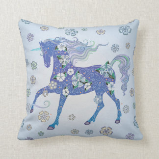 Unicorn Pale Blue in Flowers Throw Pillow