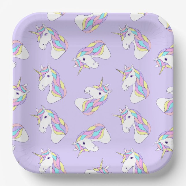 Unicorn Paper Plates, Mythical Purple Party Plates (Front)