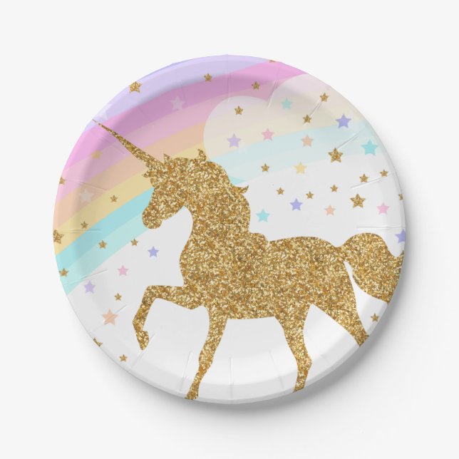 Unicorn Paper Plates, Pink & Gold, Party Plates (Front)
