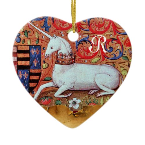 UNICORN PARCHMENT HEART MONOGRAM,RED RUBY GEMSTONE CERAMIC ORNAMENT