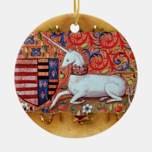 UNICORN PARCHMENT WITH RED RUBY GEMSTONE CERAMIC ORNAMENT