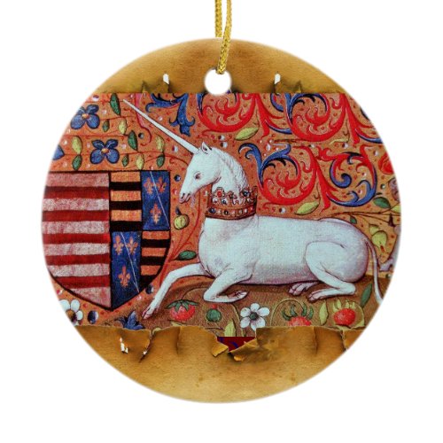 UNICORN PARCHMENT WITH RED RUBY GEMSTONE CERAMIC ORNAMENT