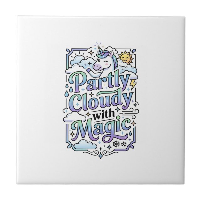 Unicorn Partly Cloudy with Magic Commercial Vector Ceramic Tile (Front)