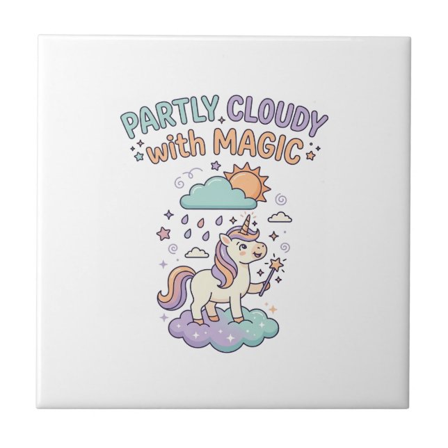 Unicorn Partly Cloudy with Magic Trendy T-Shirt De Ceramic Tile (Front)