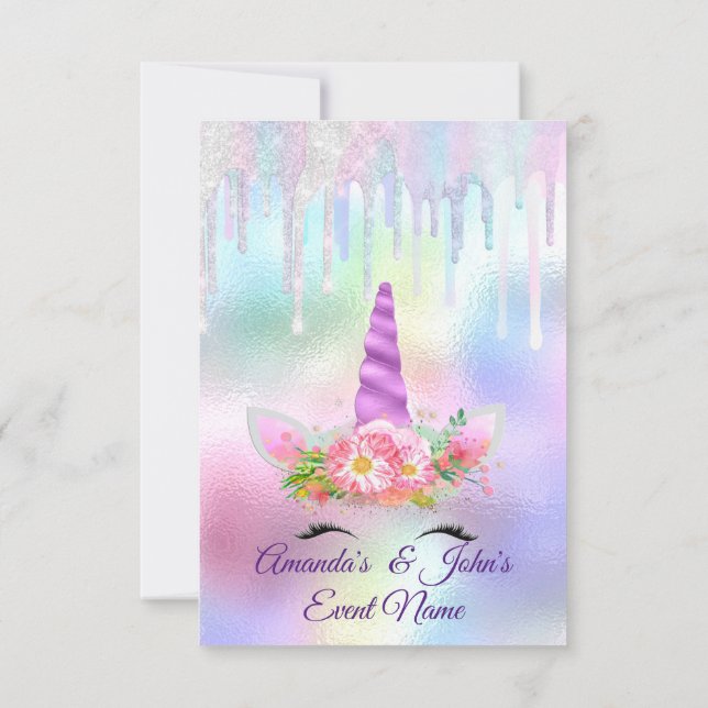 Unicorn Party 1th 2th Baby Holograph Pink Purple Invitation (Back)