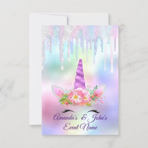 Unicorn Party 1th 2th Baby Holograph Pink Purple Invitation