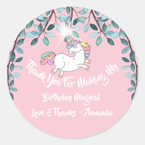 Unicorn Party Favor Pink Thanks Spark Aqua Blue Classic Round Sticker