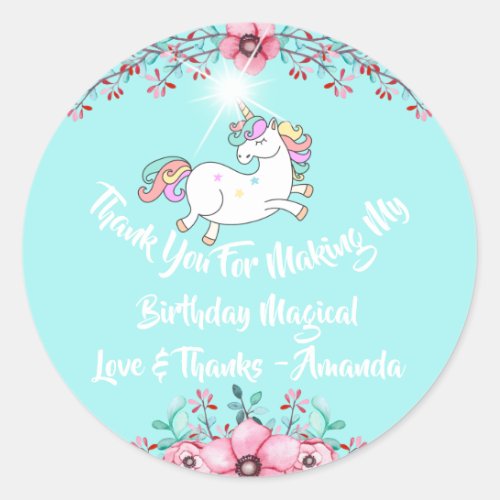 Unicorn Party Favor Pink Thanks Stars Aqua Mint Classic Round Sticker