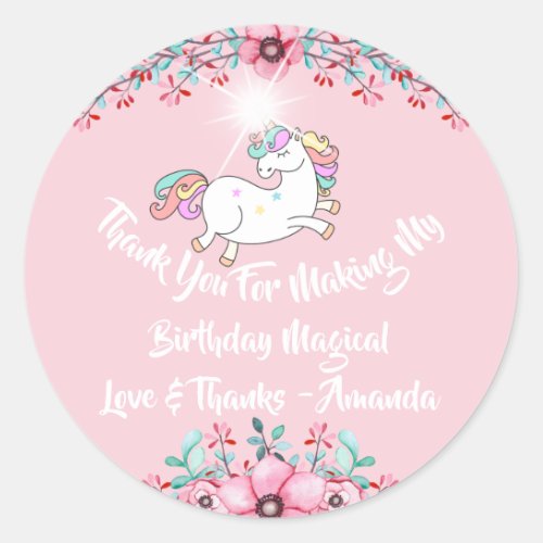 Unicorn Party Favor Pink Thanks Stars Sparkly Classic Round Sticker
