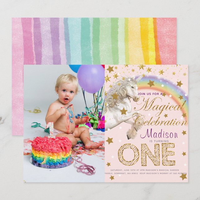 Unicorn Party First Birthday Photo Invitation (Front/Back)