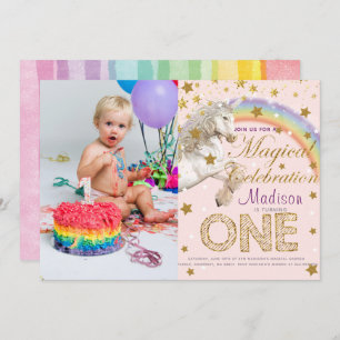 Unicorn Party First Birthday Photo Invitation
