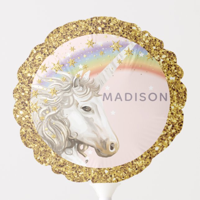 Unicorn Party Glitter Gold Personalized Balloon (Front)