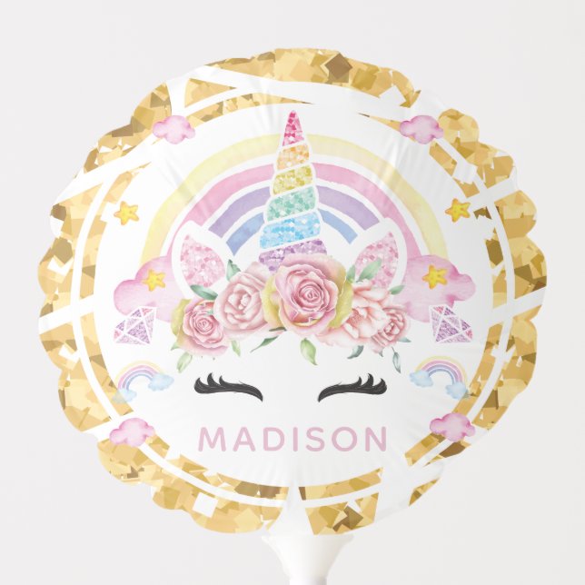 Unicorn Party Glitter Gold Personalized Balloon (Front)