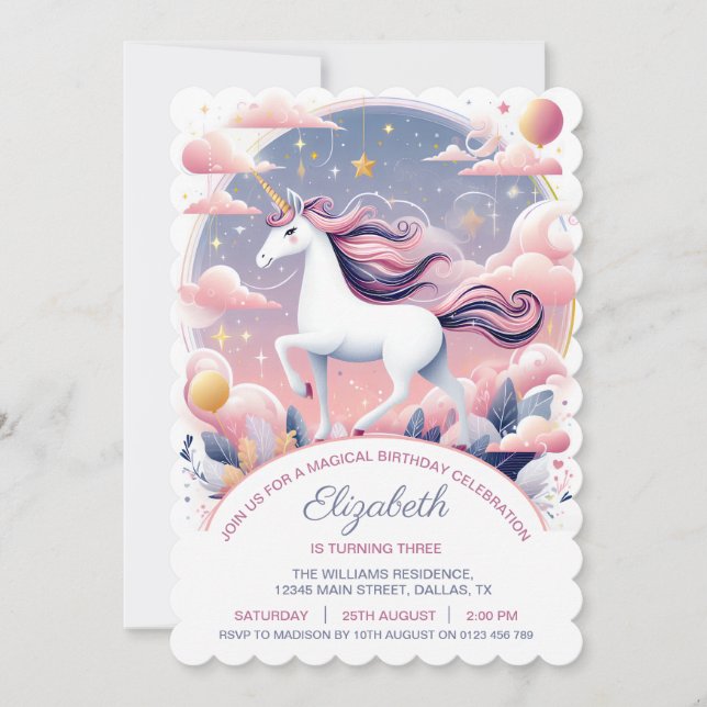  Unicorn Party Invite, Unicorn Birthday Invitation (Front)