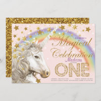 Unicorn Party Magical First Birthday Illustration Invitation