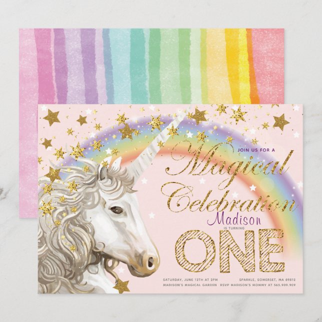 Unicorn Party Magical First Birthday Illustration Invitation (Front/Back)