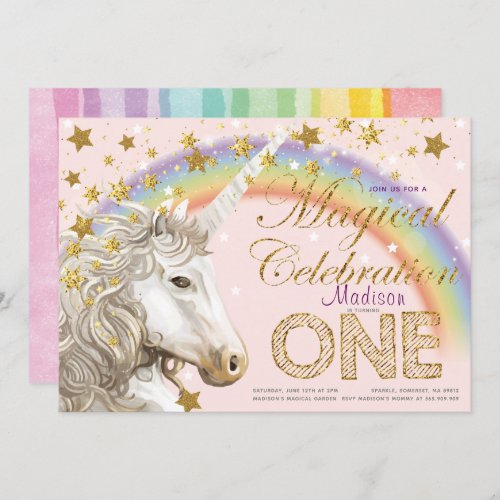 Unicorn Party Magical First Birthday Illustration Invitation