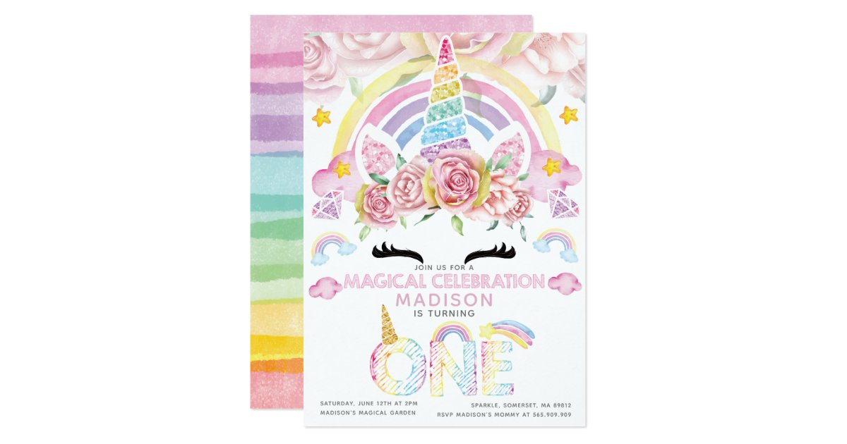 Unicorn Party Magical First Birthday Invitation Zazzle Com
