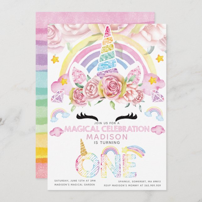Unicorn Party Magical First Birthday Invitation (Front/Back)