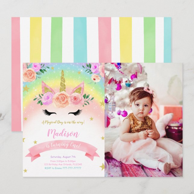 Unicorn Party Photo Invitation (Front/Back)