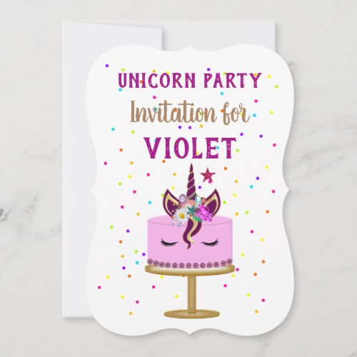 Unicorn Party Pink and Purple Cake Confetti Invitation