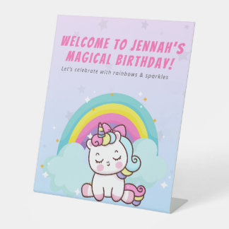 Unicorn Party Round Sticker Pedestal Sign
