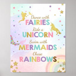Unicorn Party Sign Dance With Fairies Mermaid Girl