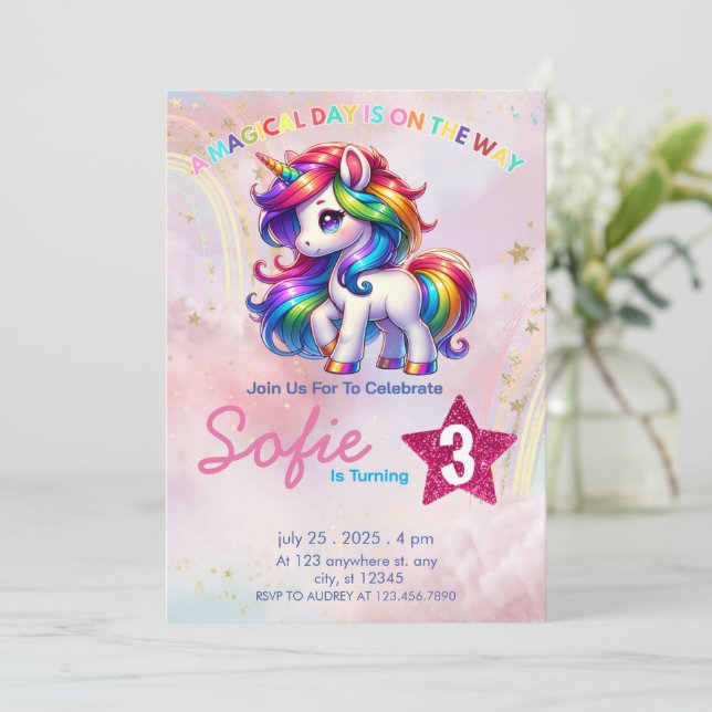 Unicorn  Party Theme Rainbow 3rd Birthday  Invitation (Standing Front)