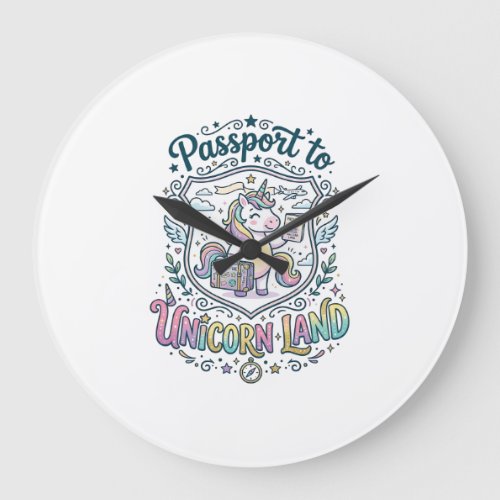 Unicorn Passport to Unicorn Land White Background  Large Clock