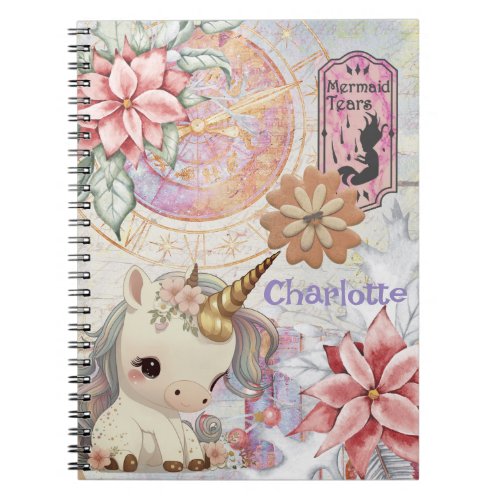Unicorn Pastel Add Name Maximalist Muted Floral  Notebook