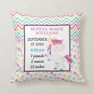 Unicorn Pastel Birth Stats Baby Announcement Girl Throw Pillow