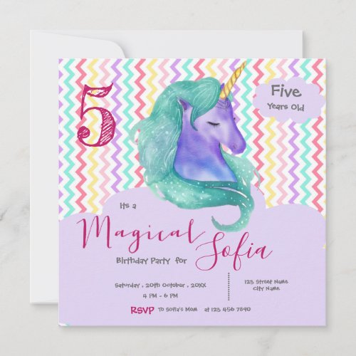 Unicorn Pastel Chevron Magical Birthday Invitation