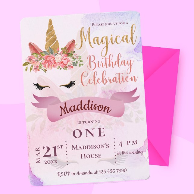 Unicorn Pastel Floral  Kids First Birthday Party  Invitation (Unicorn Pastel Floral Kids First Birthday Party Invitation)