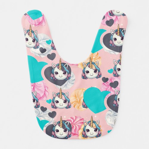 Unicorn Pastel Heart Print Baby Bib