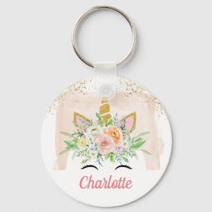 unicorn pastel pink ang sparkling gold custom name keychain